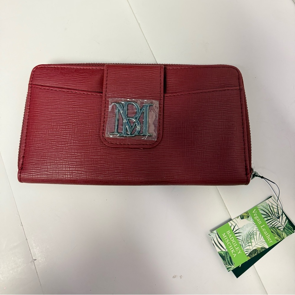 Badgley Mischka Long Wallet Purse With Flap Pocket in Wine Red New With Tags